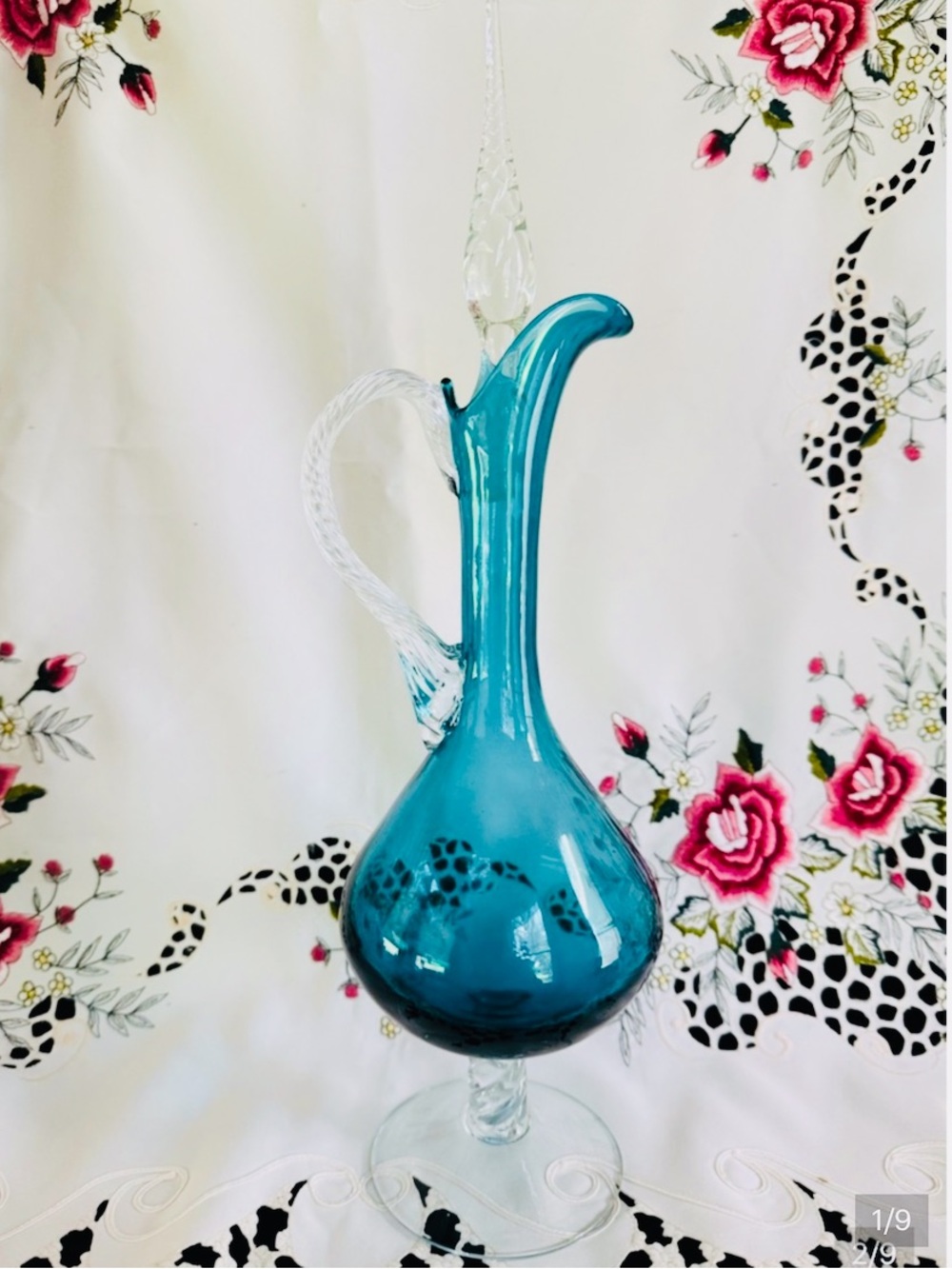 MCM Teal Empoli Italian Glass Decanter/ Original Clear Flame Stopper & Pedestal.
